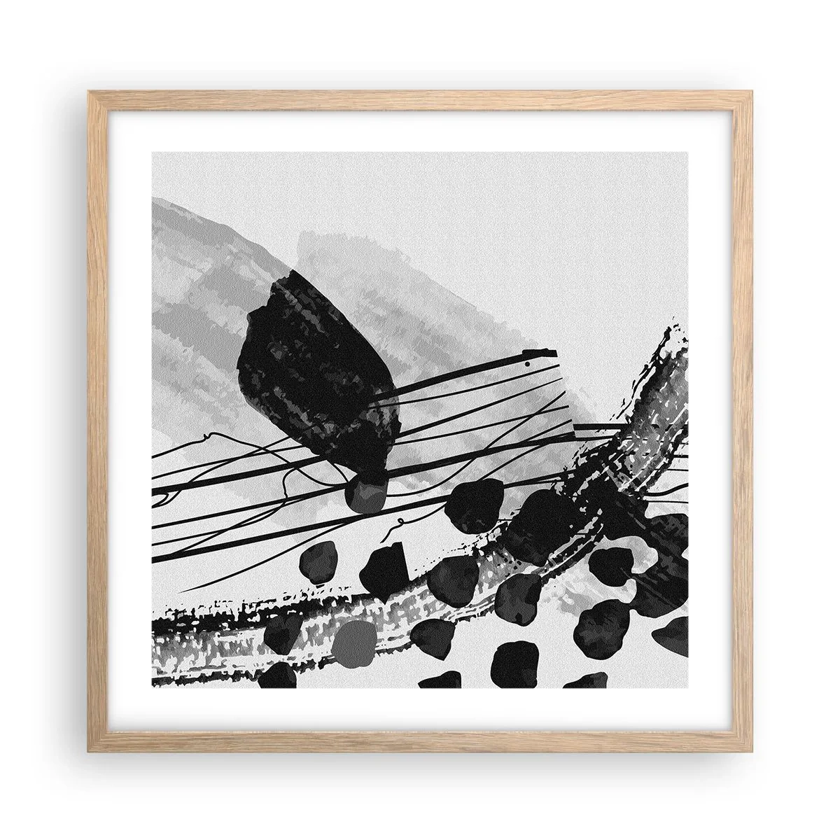Poster în ramă de stejar deschis - Abstracție organică în negru și alb - 50x50 cm
