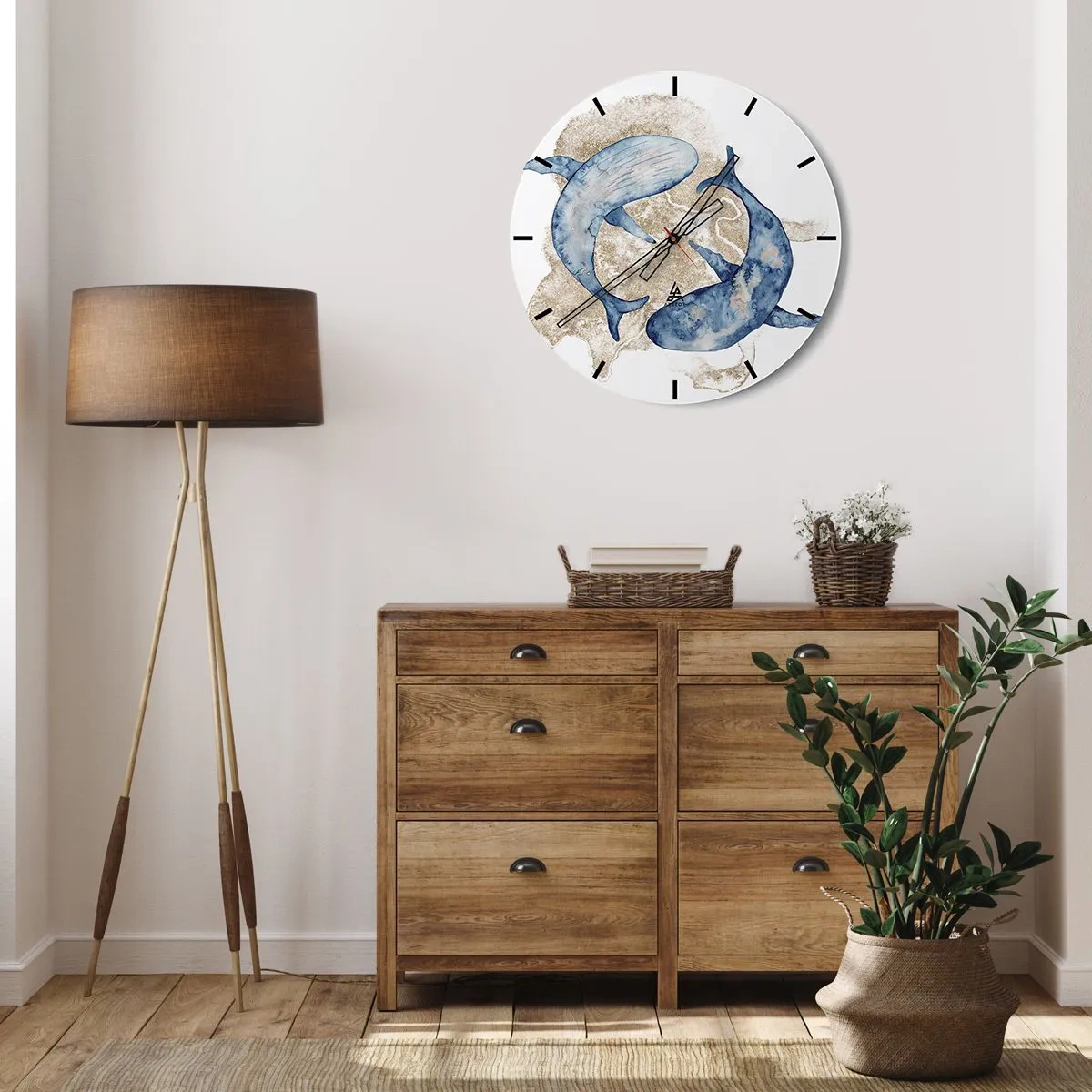 Ceas de perete - Ceas pe sticlă - Balene albastre pe nisipul auriu - 30x30cm - Prietenie sau iubire? - Decorațiune modernă pentru perete pentru living, bucătărie și dormitor ARTTOR