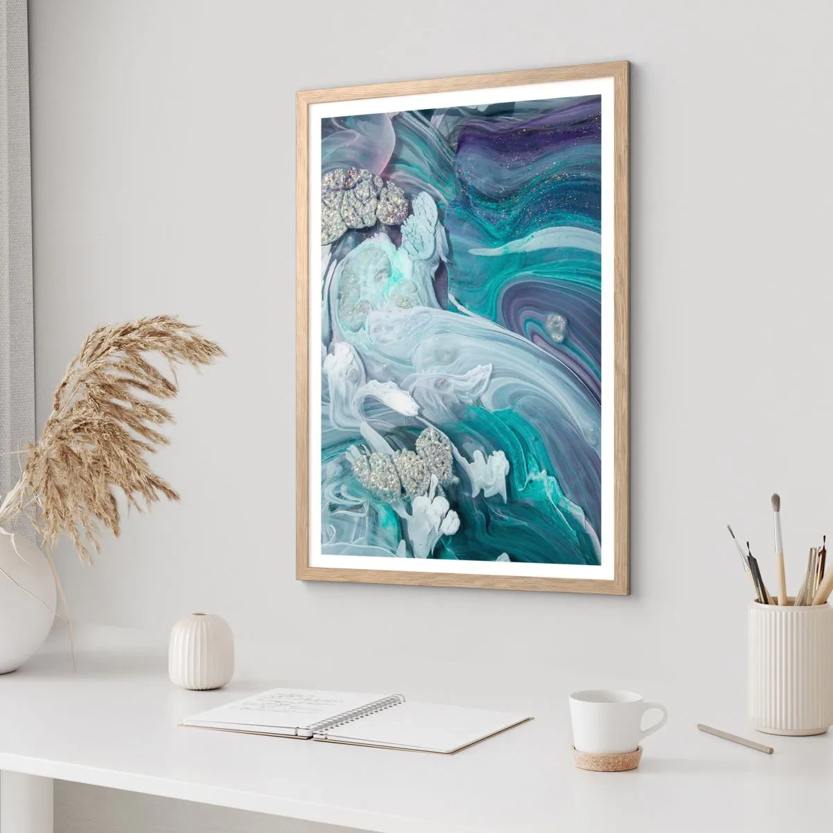 Poster în ramă de stejar deschis - Râuri de albastru - 70x100 cm