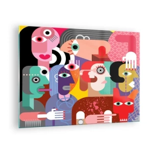 Tablou pe sticlă - Compoziție abstractă de fețe în culori vii - 70x50cm - Am venit de la domnul Picasso - Decorațiune modernă pentru perete pentru living și dormitor ARTTOR