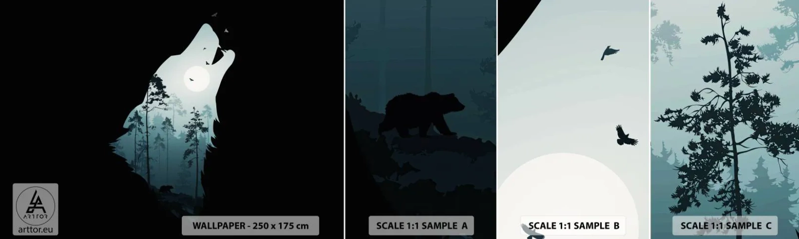 Mostră de Tapet Standard Eco - O voce în pădure de noapte - Abstracția, Urs, Peşteră - 100x30 cm