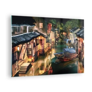 Tablou pe sticlă - Stradă chinezească noaptea cu bărci și lumini de-a lungul canalului - 70x50cm - O seară pe o stradă chinezească - Decorațiune modernă pentru perete pentru living și dormitor ARTTOR