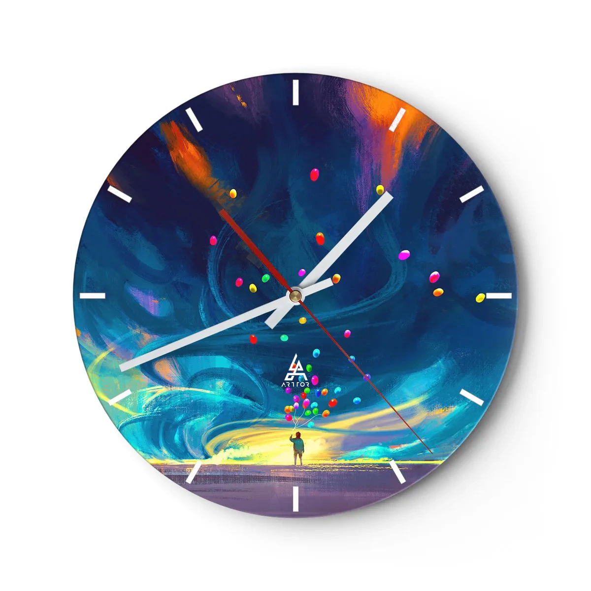 Ceas de perete - Ceas pe sticlă - O persoană cu baloane colorate pe un fundal dinamic al cerului. - 30x30cm - Pe un vânt albastru - Decorațiune modernă pentru perete pentru living, bucătărie și dormitor ARTTOR