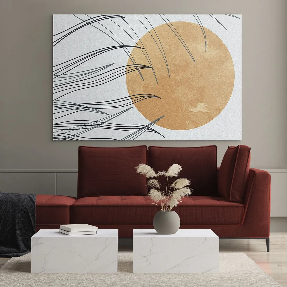 Tablou pe sticlă - Soare portocaliu cu linii dinamice pe un fundal deschis - 70x50cm - Întotdeauna spre soare - Decorațiune modernă pentru perete pentru living și dormitor ARTTOR