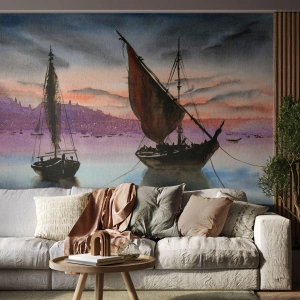 Tapet Premium Sand - O seară în port - Barci cu pânze, Litoral, Peisaj - 100x70 cm