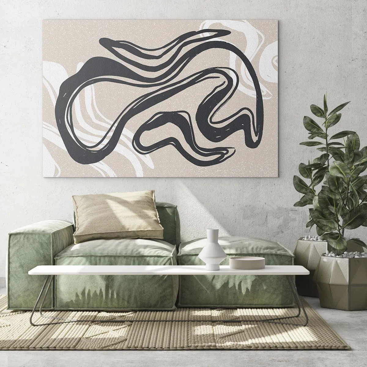 Tablou pe sticlă - Linie neagră expresivă pe un fundal bej într-un stil abstract. - 70x50cm - Expresie multiplicată - Decorațiune modernă pentru perete pentru living și dormitor ARTTOR