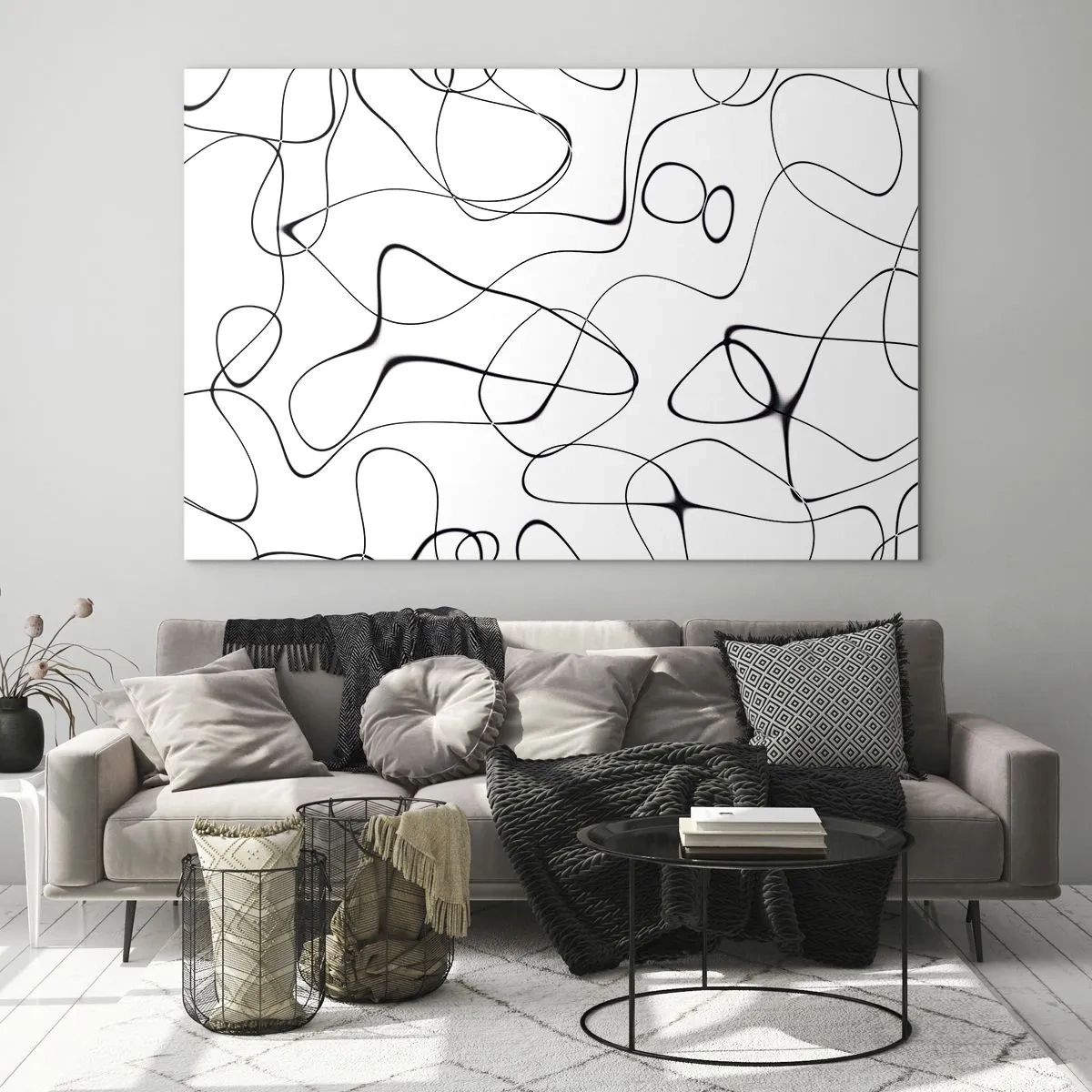 Tablou pe sticlă - Linii negre abstracte pe fundal alb - 70x50cm - Căile vieții, căile destinului - Decorațiune modernă pentru perete pentru living și dormitor ARTTOR