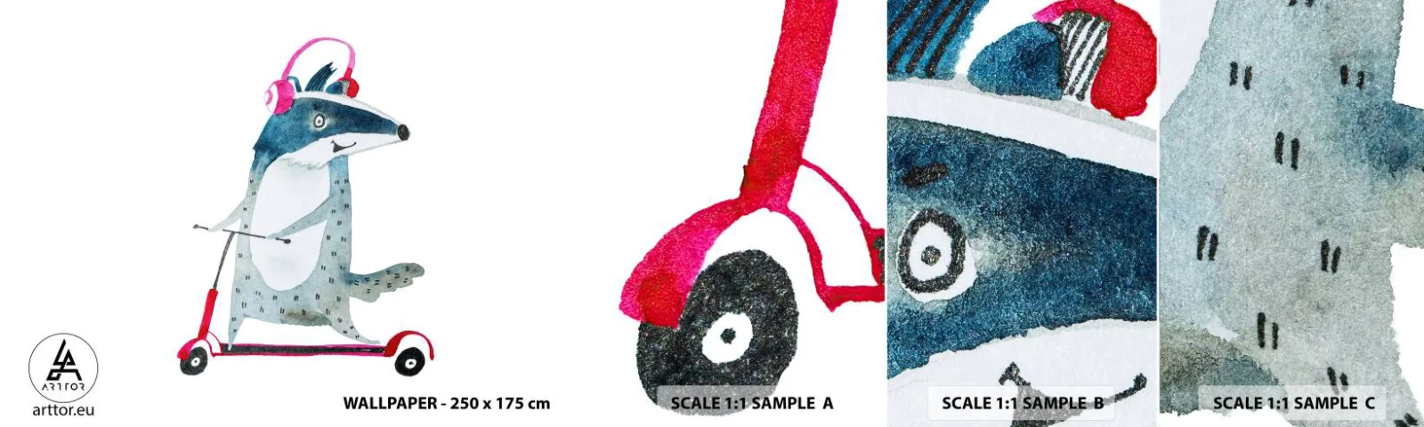 Mostră de Tapet Standard Eco - Bucurie de bursuc - Pentru copii, Scuter, Animal - 100x30 cm