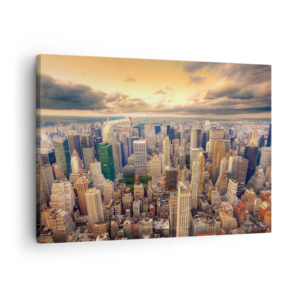 Tablou pe pânză Canvas - Panoramă a orașului cu vedere la zgârie-nori la apus - 70x50cm - O metropolă aurită - Decorațiune modernă pentru perete pentru living și dormitor ARTTOR