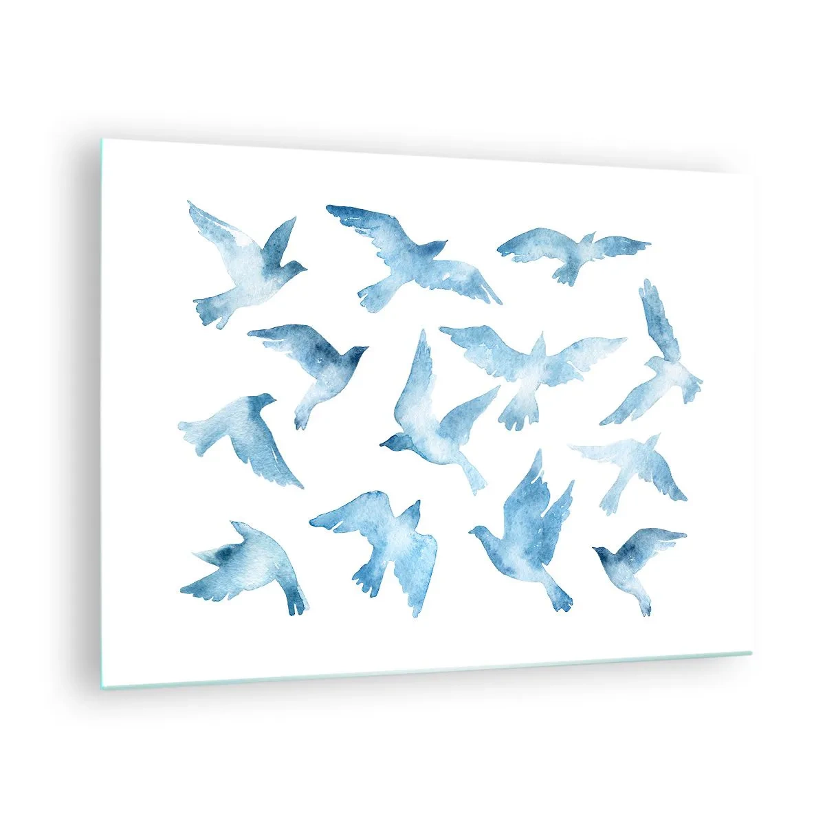 Tablou pe sticlă - Ilustrație cu păsări albastre pe fundal alb - 70x50cm - Păsări albastre - Decorațiune modernă pentru perete pentru living și dormitor ARTTOR