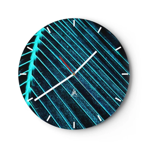 Ceas de perete - Ceas pe sticlă - Un prim-plan al unei frunze de palmier în nuanțe de verde și turcoaz. - 30x30cm - Textura verdelui - Decorațiune modernă pentru perete pentru living, bucătărie și dormitor ARTTOR