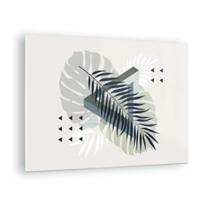 Tablou pe sticlă - O compoziție geometrică modernă cu frunze - 70x50cm - Natura și geometria - două ordine? - Decorațiune modernă pentru perete pentru living și dormitor ARTTOR