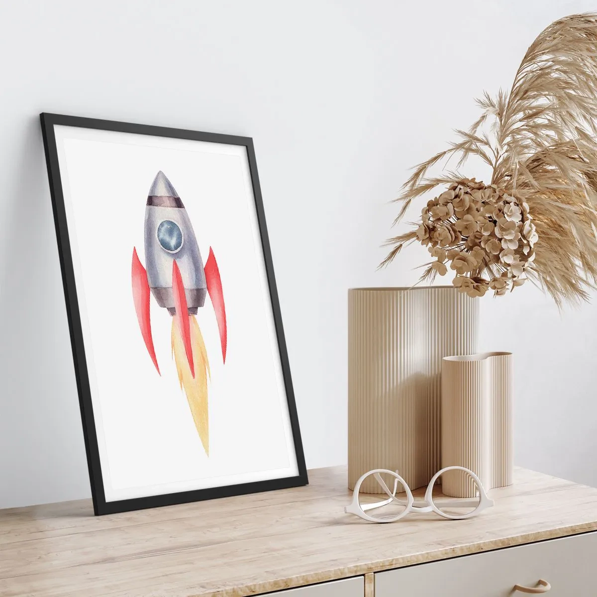 Poster în ramă neagră - Rachetă spațială în stil acuarelă - 50x70cm - Mai sus, mai repede, mai departe - Decorațiune modernă pentru perete pentru living și dormitor ARTTOR
