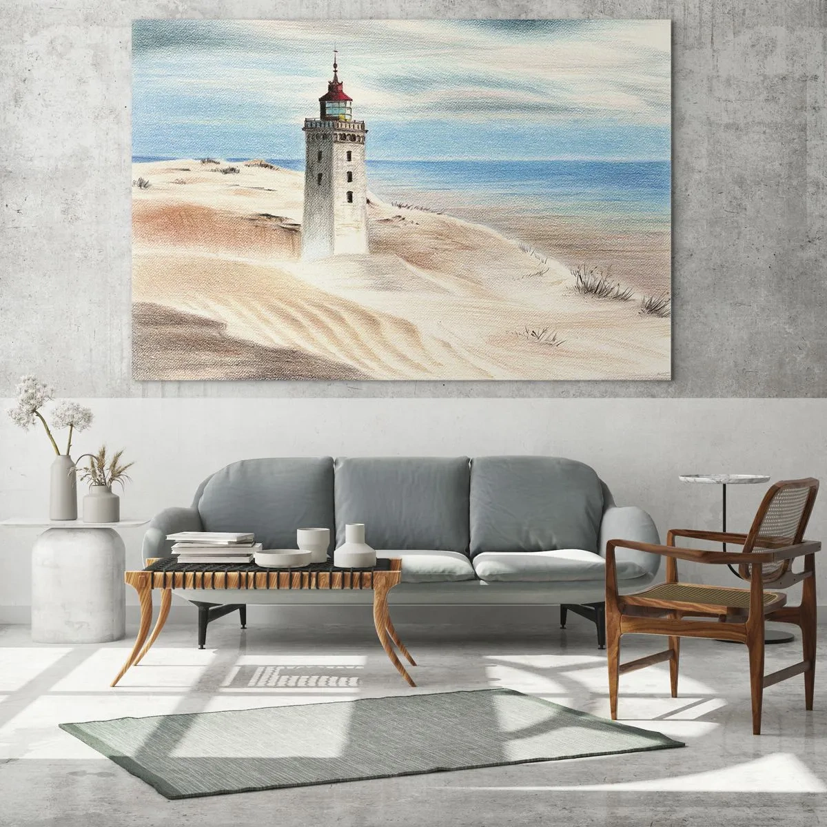 Tablou pe sticlă - Un far pe o dună deșertică lângă o mare calmă - 70x50cm - Privind mereu marea - Decorațiune modernă pentru perete pentru living și dormitor ARTTOR
