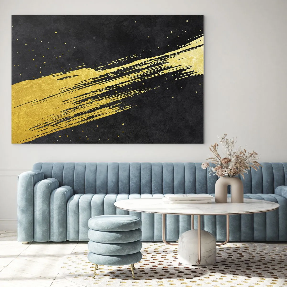 Tablou pe sticlă - O pensulă aurie pe un fundal negru într-o formă dinamică, abstractă - 70x50cm - Salt în hiperspațiu - Decorațiune modernă pentru perete pentru living și dormitor ARTTOR
