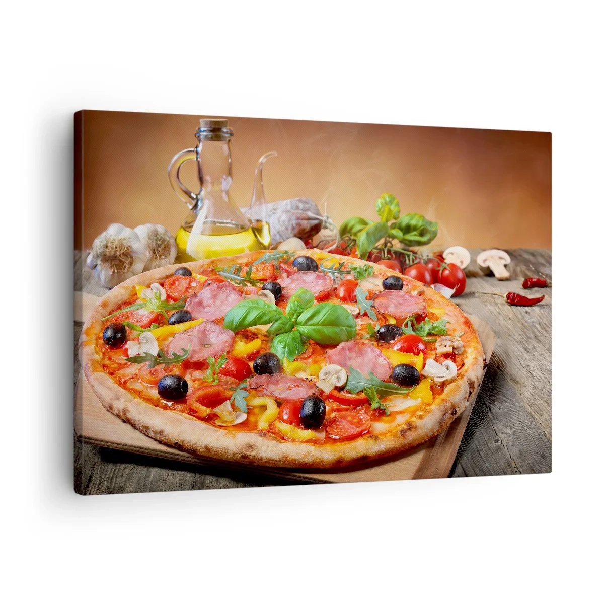 Tablou pe pânză Canvas - Pizza apetisantă pe o masă de lemn cu toppinguri - 70x50cm - Cu o adevărată aromă italiană - Decorațiune modernă pentru perete pentru living și dormitor ARTTOR