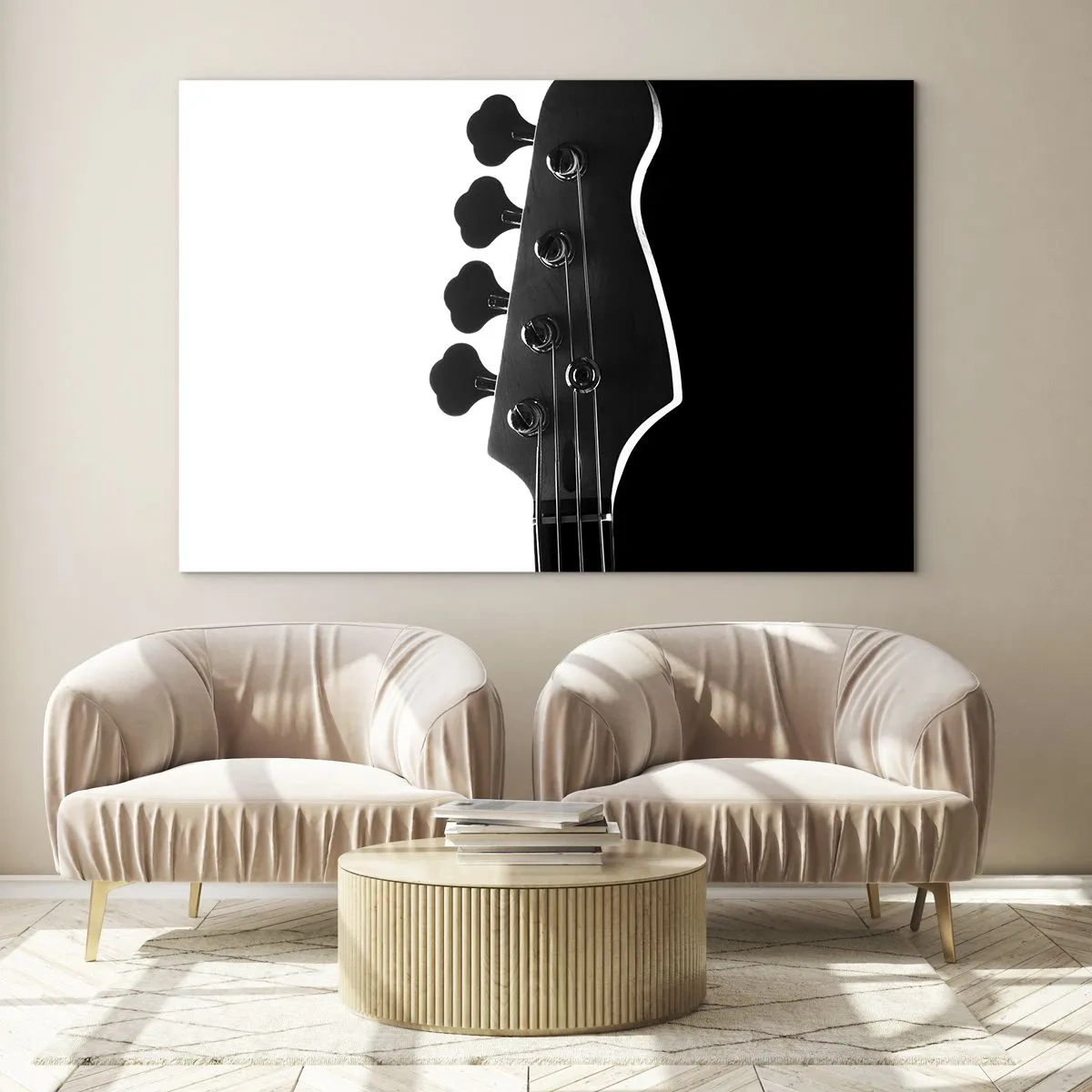 Tablou pe sticlă - Chitară bas alb-negru cu cap de chitară bas cu umbră - 70x50cm - Tăcere de rock - Decorațiune modernă pentru perete pentru living și dormitor ARTTOR