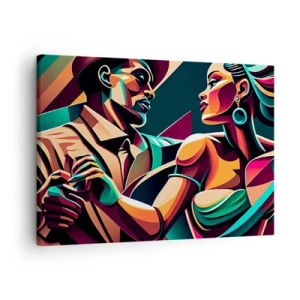 Tablou pe pânză Canvas - Un cuplu stilizat dansând în culori vibrante, geometrice. - 70x50cm - În ritmul inimii - Decorațiune modernă pentru perete pentru living și dormitor ARTTOR