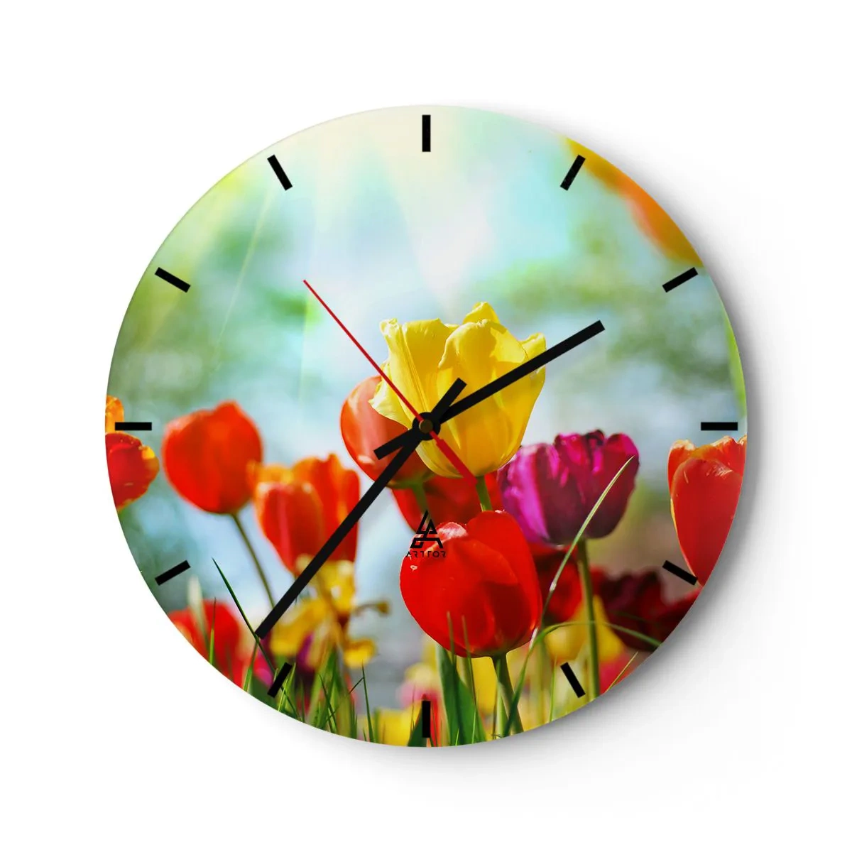 Ceas de perete - Ceas pe sticlă - Lalele colorate iluminate de razele soarelui - 30x30cm - Toate culorile soarelui - Decorațiune modernă pentru perete pentru living, bucătărie și dormitor ARTTOR