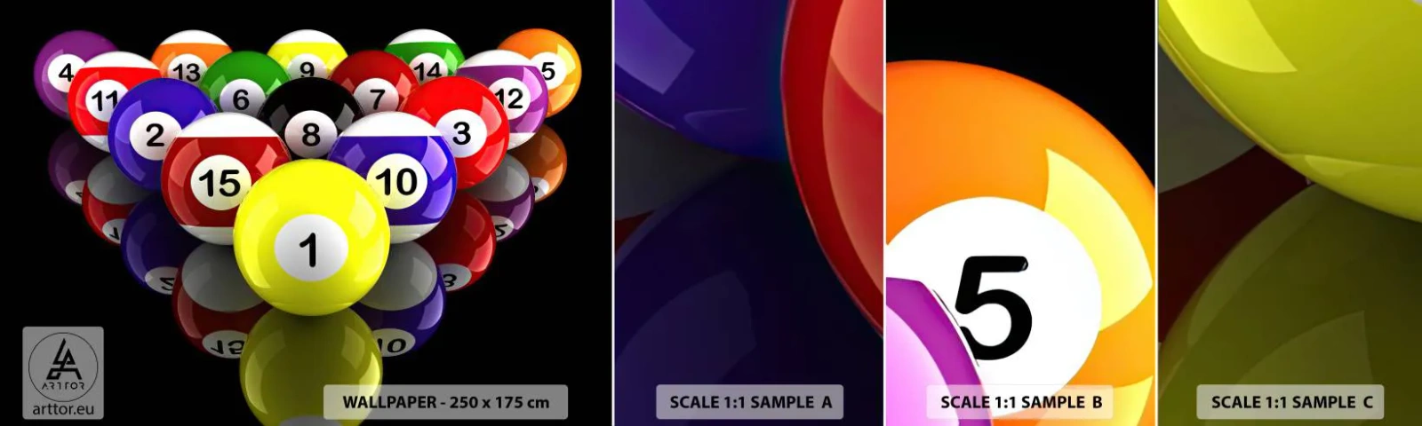 Mostră de Tapet Standard Eco - Diferite culori de joc - Sport, Biliard, Mingi de biliard - 100x30 cm