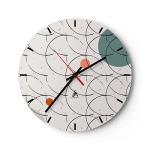 Ceas de perete - Ceas pe sticlă - Compoziție pop art cu linii negre și cercuri colorate - 30x30cm - În spiritul pop-art - Decorațiune modernă pentru perete pentru living, bucătărie și dormitor ARTTOR