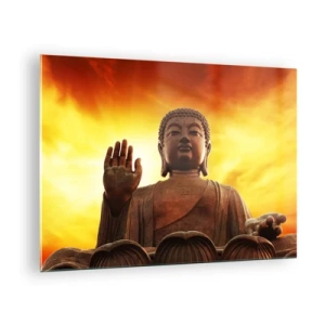 Tablou pe sticlă - O statuie a lui Buddha pe fundalul unui apus de soare auriu - 70x50cm - Pacea lumii - Decorațiune modernă pentru perete pentru living și dormitor ARTTOR