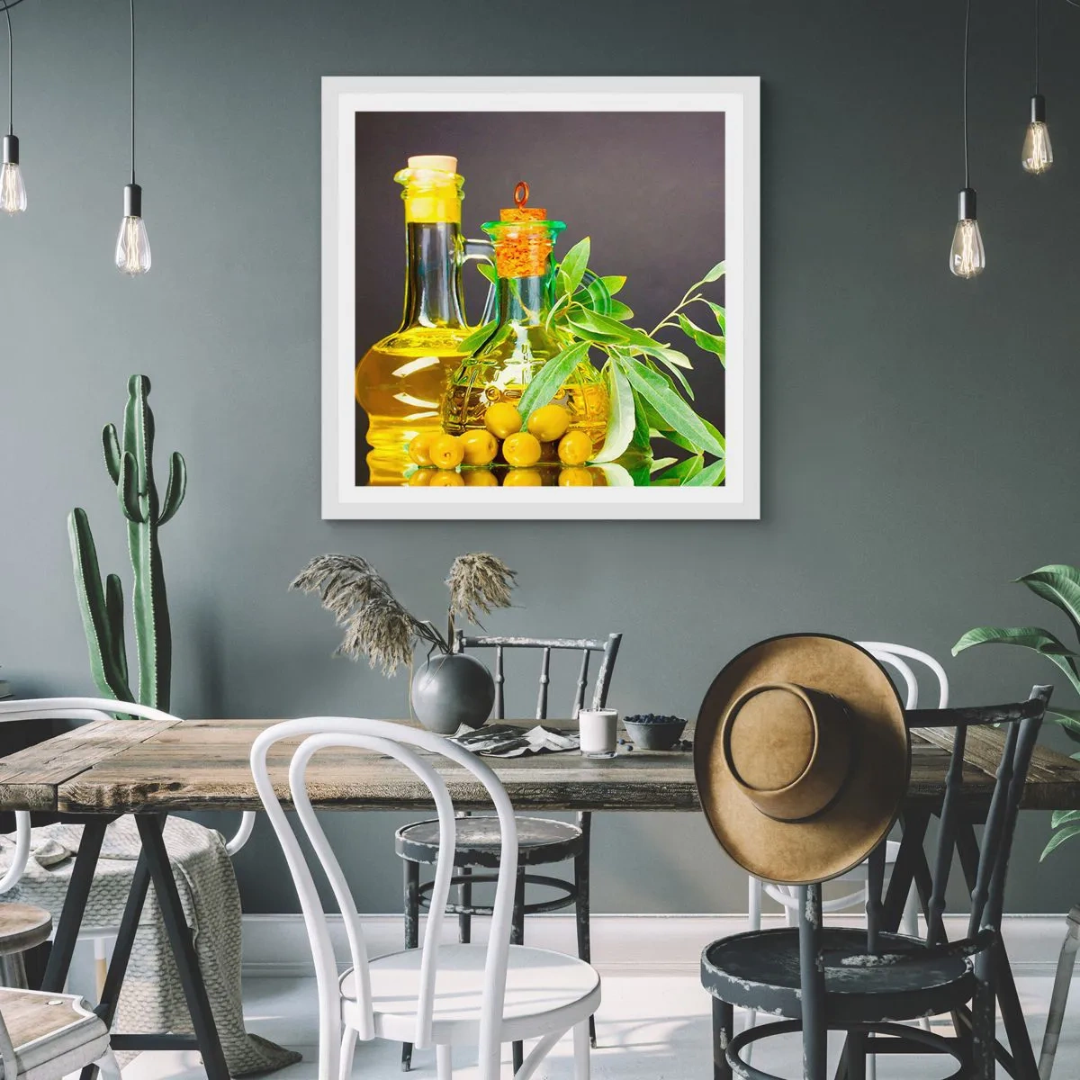 Poster în ramă albă - Natură moarte cu măsline și ulei - 40x40 cm