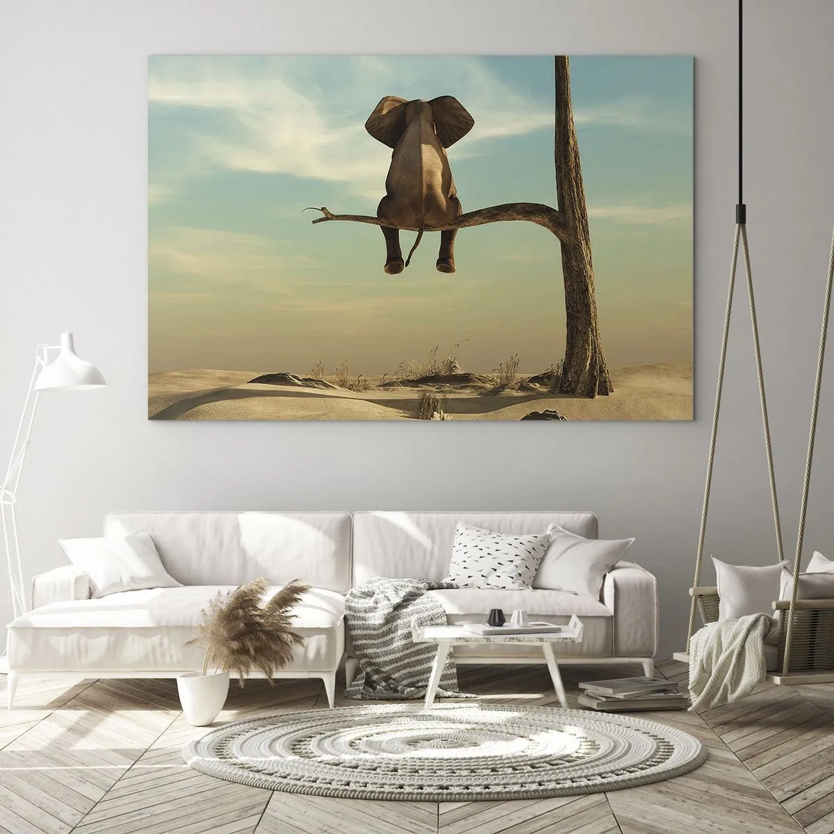 Tablou pe sticlă - Un elefant pe o creangă de copac într-un decor suprarealist - 70x50cm - Un nou punct de vedere - Decorațiune modernă pentru perete pentru living și dormitor ARTTOR