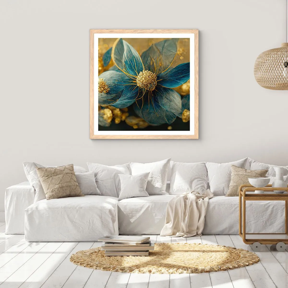 Poster în ramă de stejar deschis - Floare cu aur - 60x60 cm