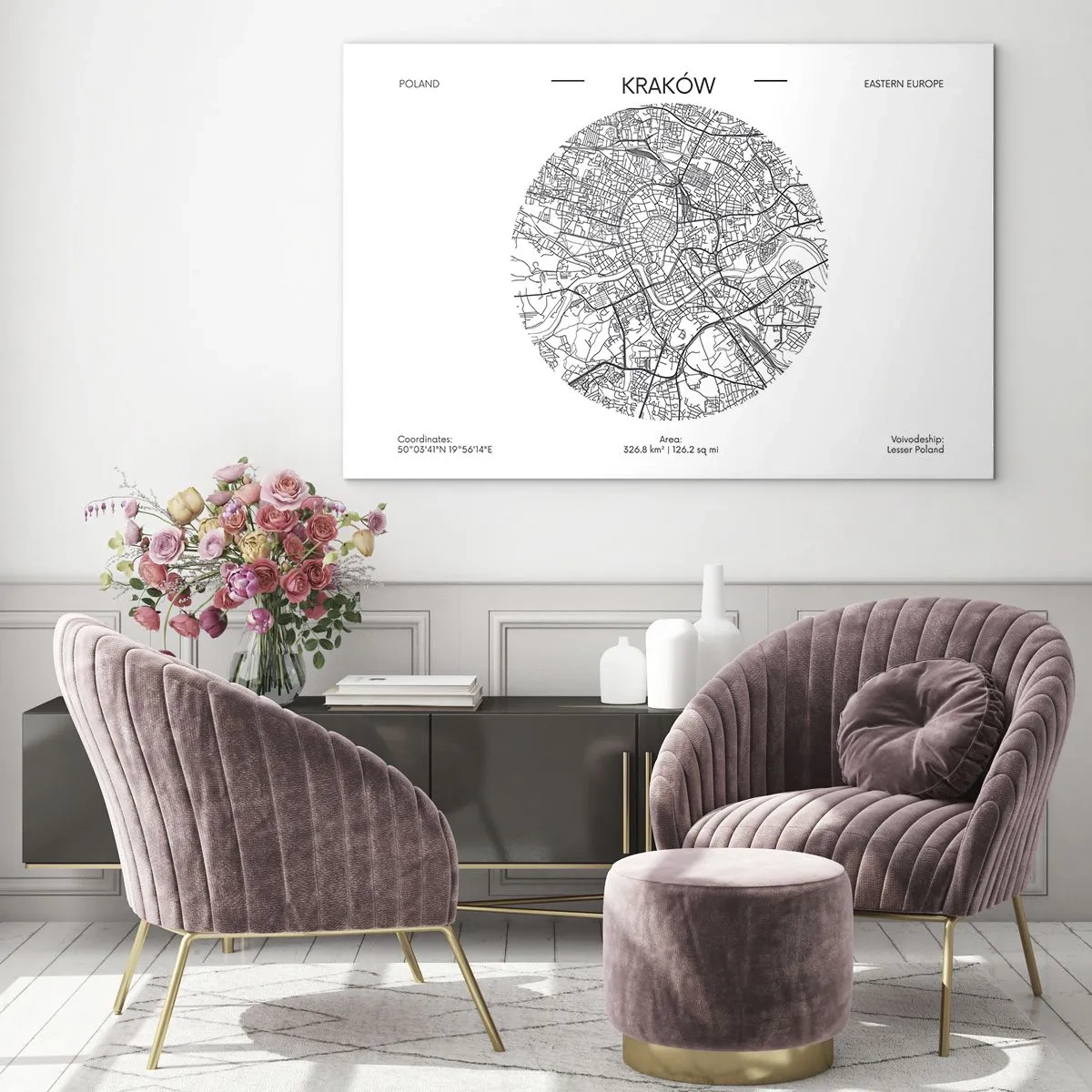 Tablou pe sticlă - O hartă a Cracoviei într-un stil ilustrativ alb-negru - 70x50cm - Anatomia Cracoviei - Decorațiune modernă pentru perete pentru living și dormitor ARTTOR