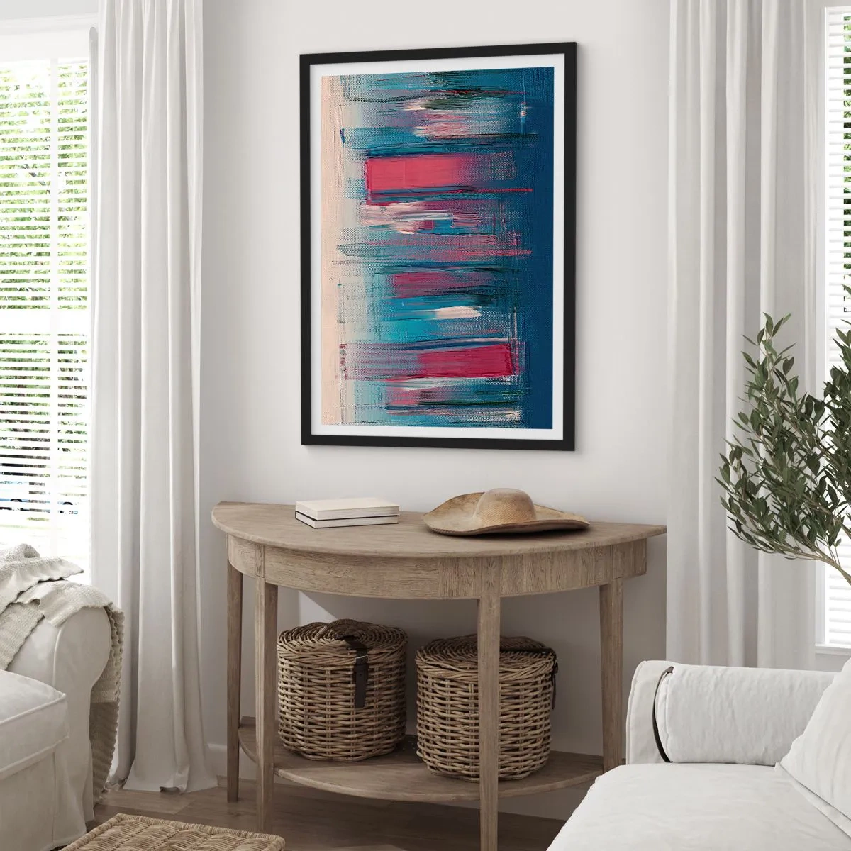 Poster în ramă neagră - Compoziție abstractă în nuanțe de albastru și roșu - 50x70cm - Compoziție verticală în albastru și roșu - Decorațiune modernă pentru perete pentru living și dormitor ARTTOR