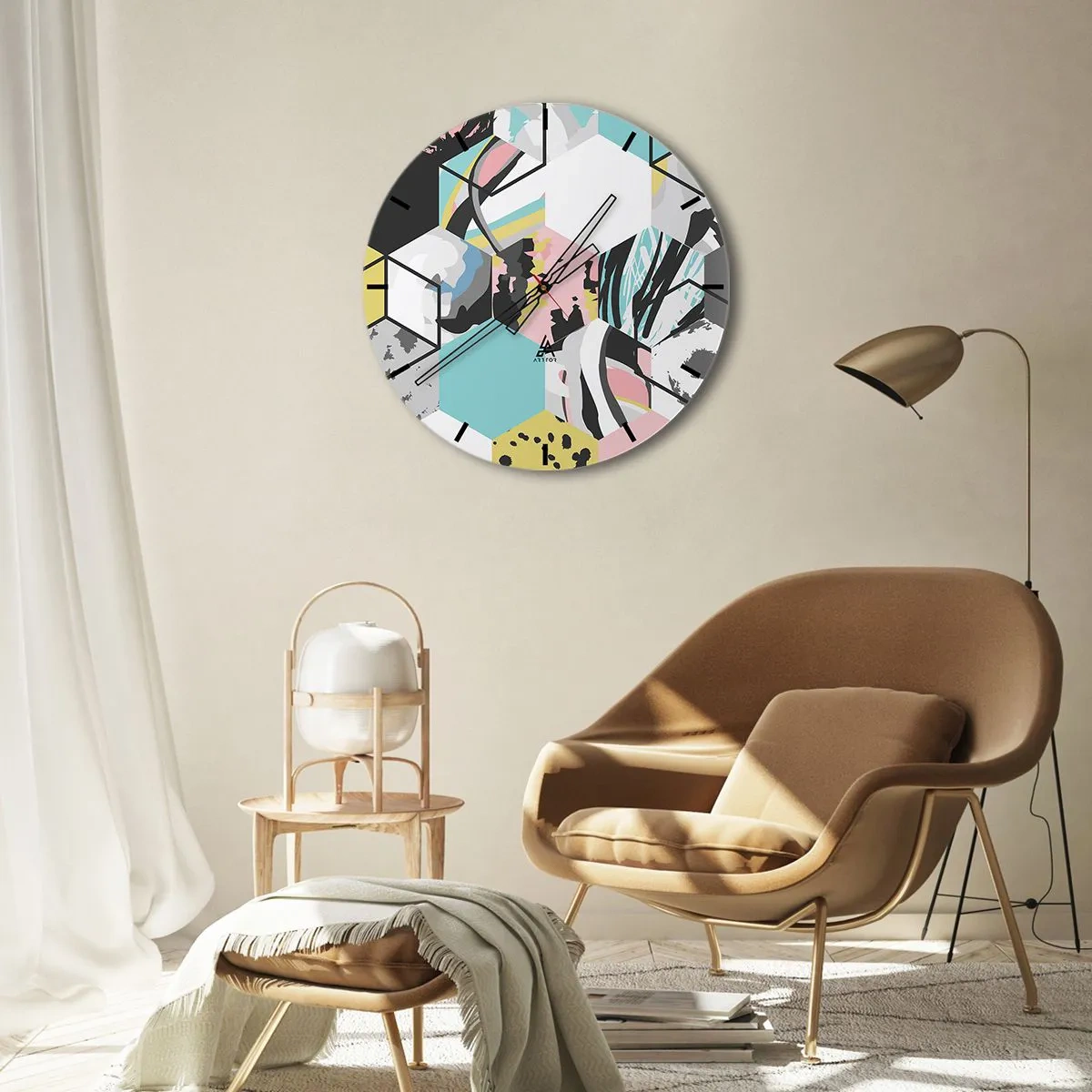 Ceas de perete - Ceas pe sticlă - Hexagone abstracte în culori pastelate - 30x30cm - Hexagoane și cuburi în șase culori - Decorațiune modernă pentru perete pentru living, bucătărie și dormitor ARTTOR