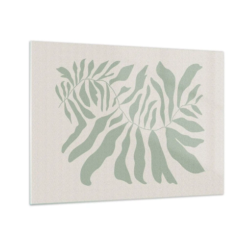 Tablou pe sticlă - O ramură de smarald cu forme organice pe un fundal deschis - 70x50cm - Ramura de smarald - Decorațiune modernă pentru perete pentru living și dormitor ARTTOR