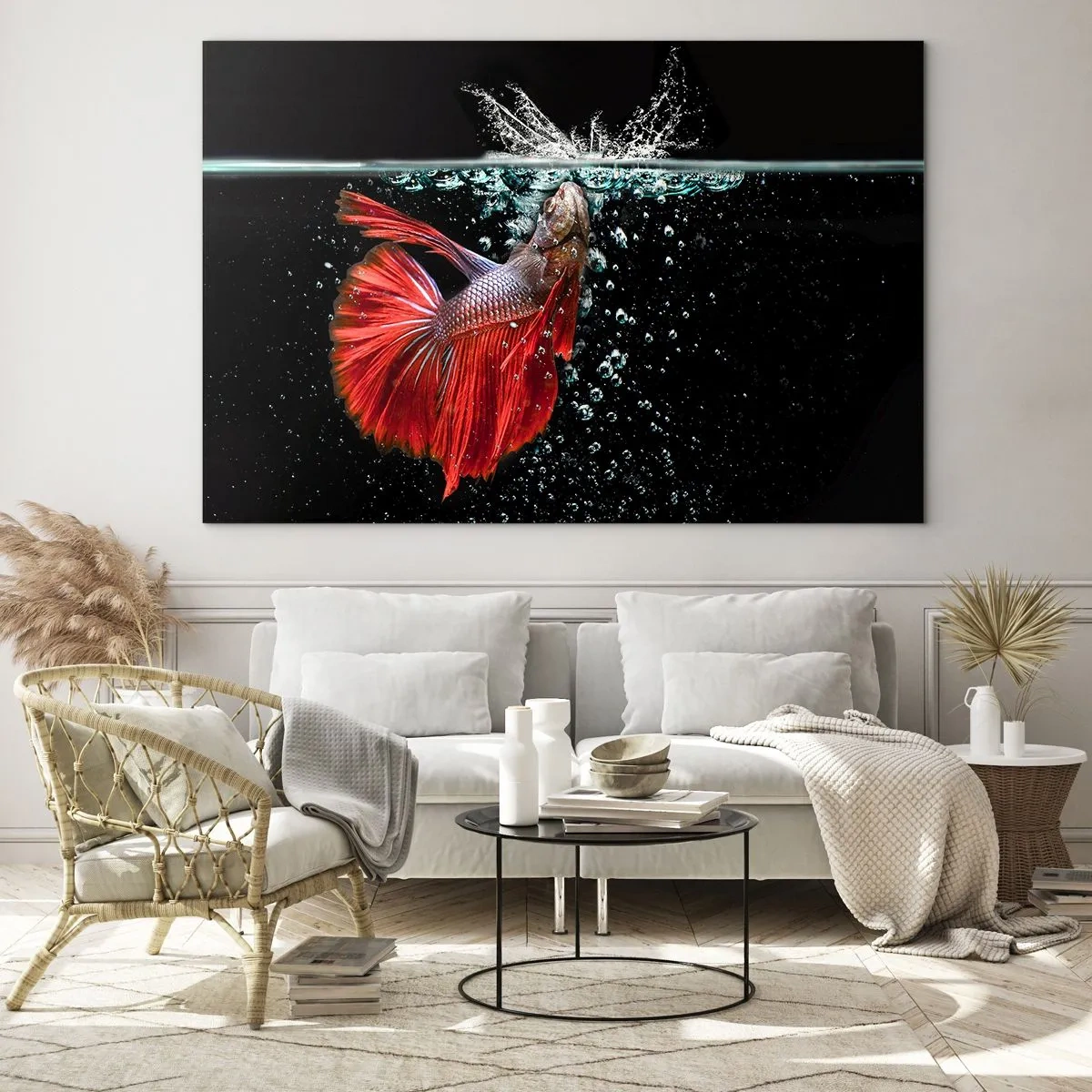 Tablou pe sticlă - Betta roșie într-o compoziție dinamică a apei - 70x50cm - Aveți trei dorințe - Decorațiune modernă pentru perete pentru living și dormitor ARTTOR