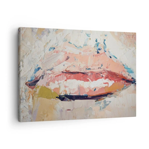 Tablou pe pânză Canvas - O compoziție abstractă care înfățișează buzele unei femei în culori pastelate. - 70x50cm - Trezește simțurile - Decorațiune modernă pentru perete pentru living și dormitor ARTTOR