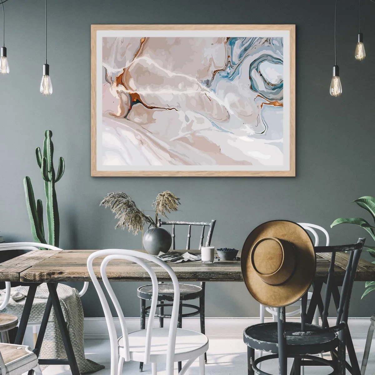 Poster în ramă de stejar deschis - Meandre albastre sub alb - 100x70 cm