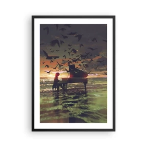 Poster în ramă neagră - Silueta unui pianist pe fundalul unui apus de soare - 50x70cm - Concert pentru pian și valuri - Decorațiune modernă pentru perete pentru living și dormitor ARTTOR