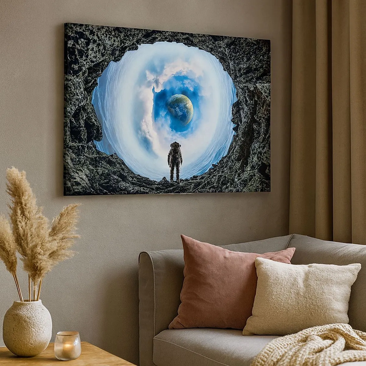 Tablou pe pânză Canvas - Astronautul pe fundalul unui peisaj spațial cu Pământul în fundal - 70x50cm - Nu departe de casă - Decorațiune modernă pentru perete pentru living și dormitor ARTTOR