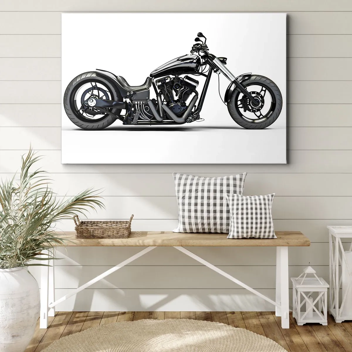 Tablou pe pânză Canvas - Motocicletă personalizată neagră elegantă pe fundal alb - 70x50cm - Pentru iubitorii de libertate - Decorațiune modernă pentru perete pentru living și dormitor ARTTOR