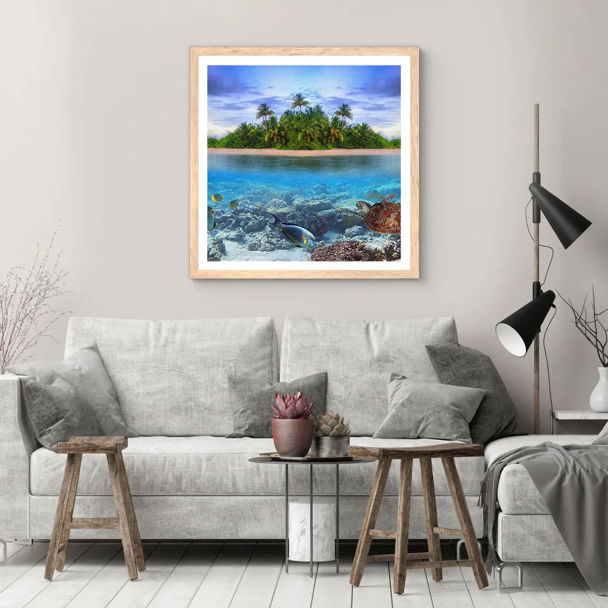 Poster în ramă de stejar deschis - Insula paradisiacă vă invită - 30x30 cm