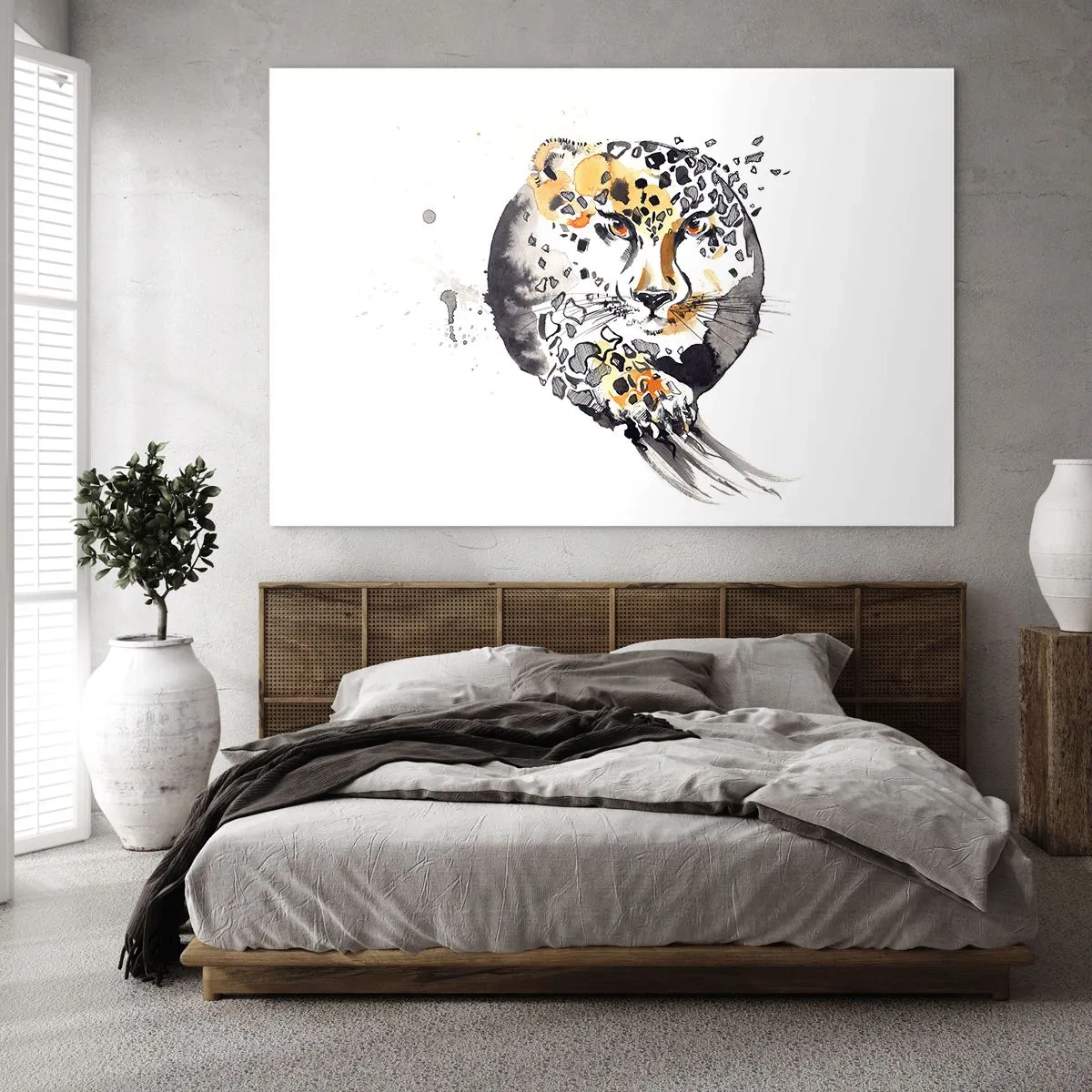 Tablou pe sticlă - Leopard într-o compoziție dinamică, abstractă - 70x50cm - Frumusețe prădătoare - Decorațiune modernă pentru perete pentru living și dormitor ARTTOR