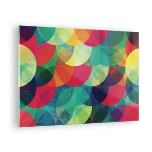 Tablou pe sticlă - Semicercuri colorate, suprapuse, într-o paletă de culori intense - 70x50cm - Să intrăm în curcubeu - Decorațiune modernă pentru perete pentru living și dormitor ARTTOR