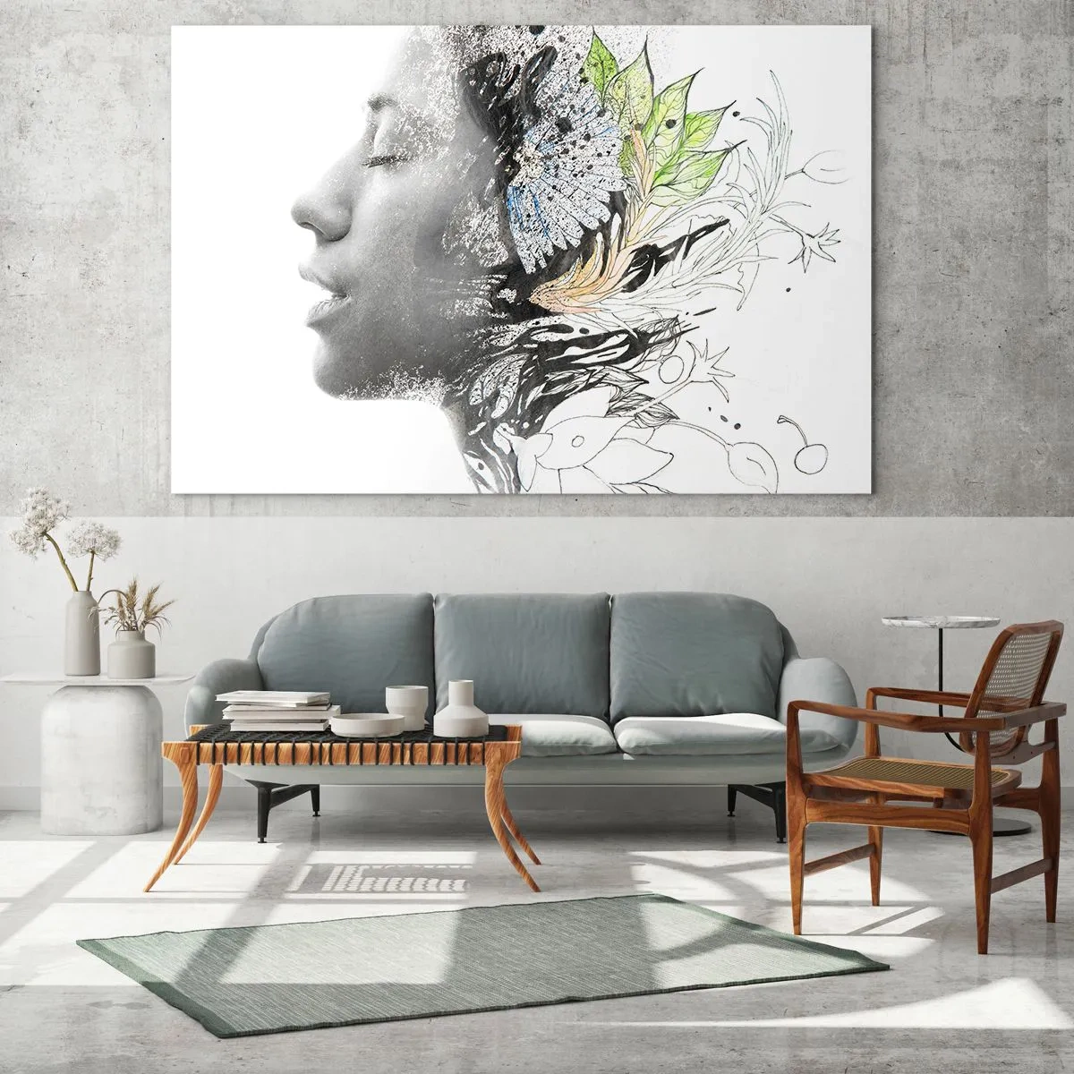 Tablou pe sticlă - Profil de femeie cu motive naturale în stil monocromatic - 70x50cm - Scufundată în natură - Decorațiune modernă pentru perete pentru living și dormitor ARTTOR