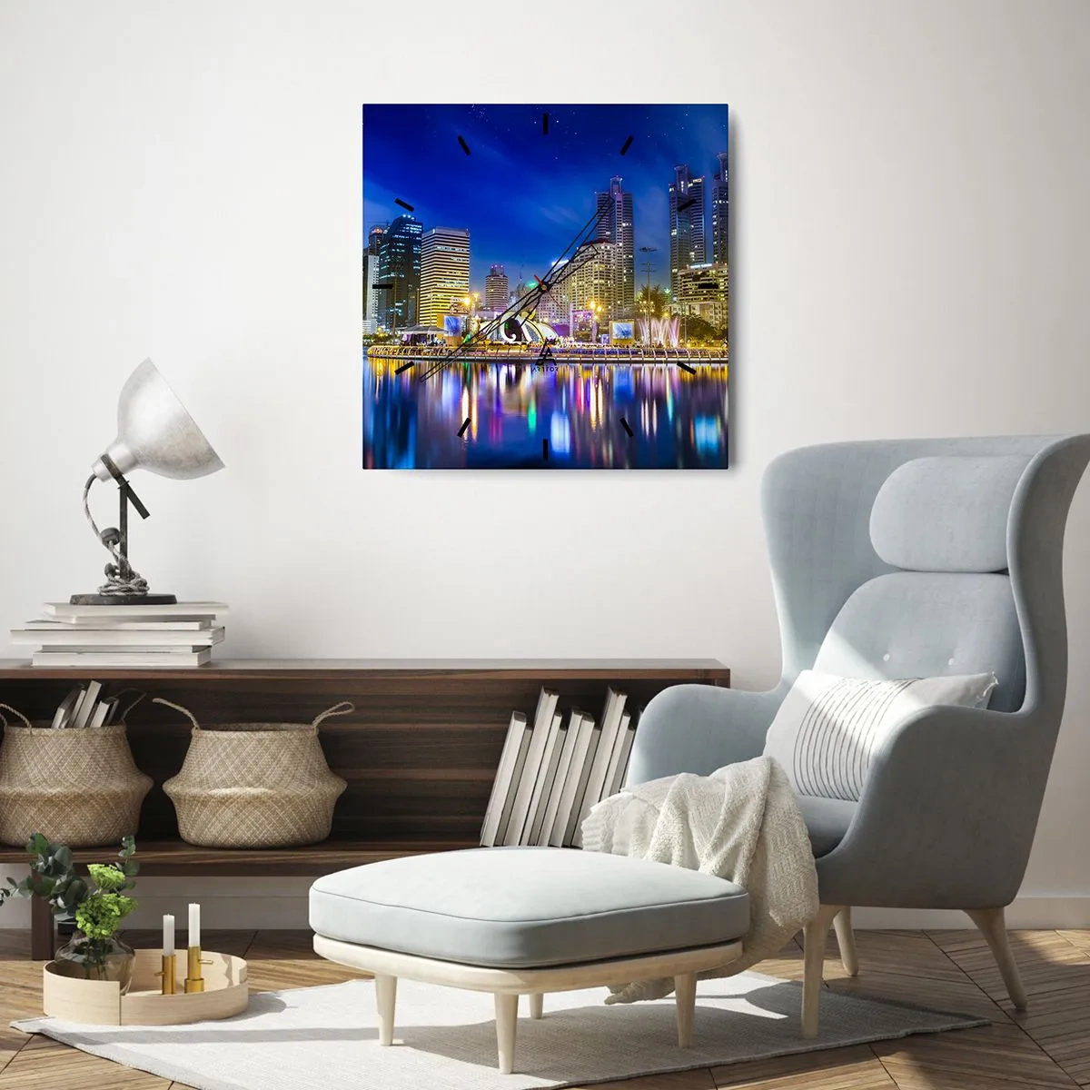 Ceas de perete - Ceas pe sticlă - Noaptea de curcubeu a metropolei - 30x30 cm