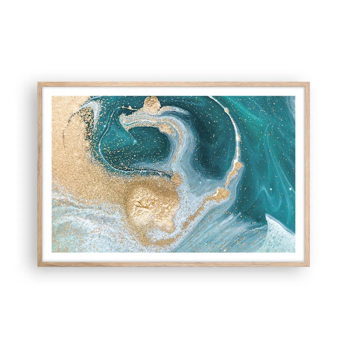 Poster în ramă de stejar deschis - Vârtej de aur și turcoaz - 91x61 cm