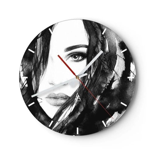 Ceas de perete - Ceas pe sticlă - Portret de femeie în alb-negru, în stil acuarelă - 30x30cm - Studiu unei dame în alb și negru - Decorațiune modernă pentru perete pentru living, bucătărie și dormitor ARTTOR