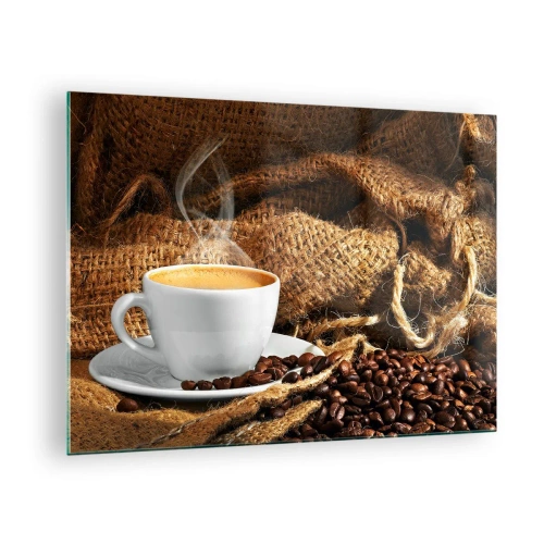 Tablou pe sticlă - O ceașcă de cafea cu boabe pe un fundal de iută - 70x50cm - Mirosul de mokka și densitatea lichidului de miere - Decorațiune modernă pentru perete pentru living și dormitor ARTTOR