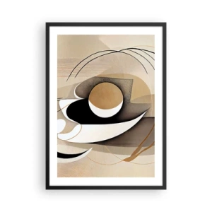 Poster în ramă neagră - Abstracție minimalistă în nuanțe de bej și negru - 50x70cm - Compoziție - nucleu - Decorațiune modernă pentru perete pentru living și dormitor ARTTOR