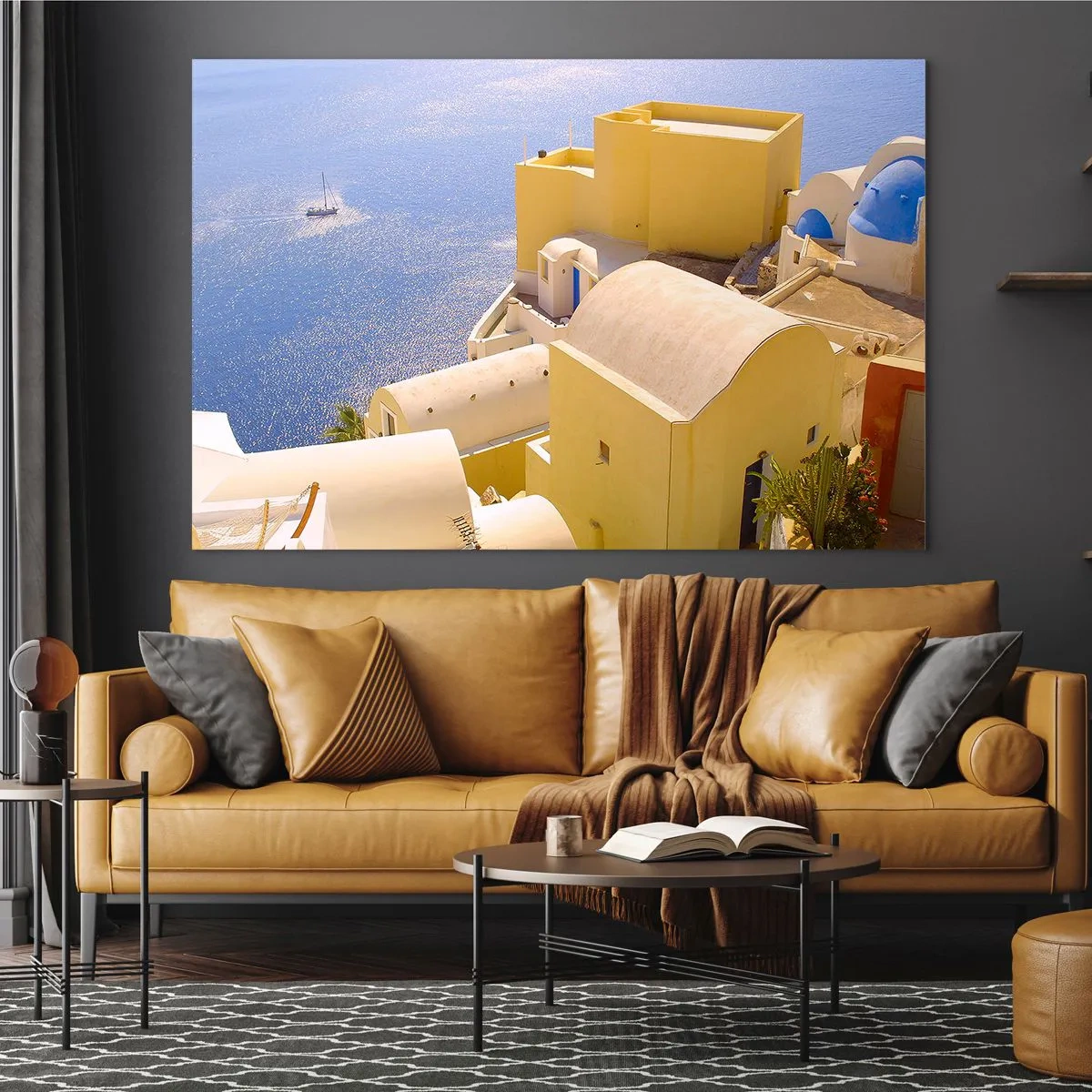 Tablou pe sticlă - Peisaj grecesc în alb și albastru - 120x80 cm