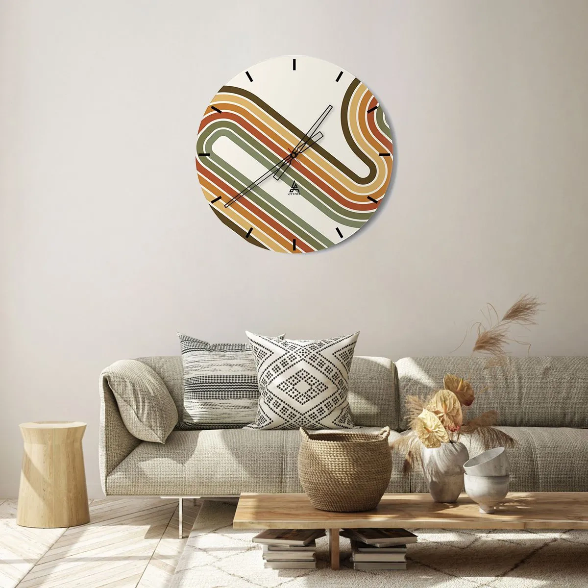 Ceas de perete - Ceas pe sticlă - Linii geometrice în culori retro pe un fundal deschis - 30x30cm - Cu zigzag până la destinație - Decorațiune modernă pentru perete pentru living, bucătărie și dormitor ARTTOR